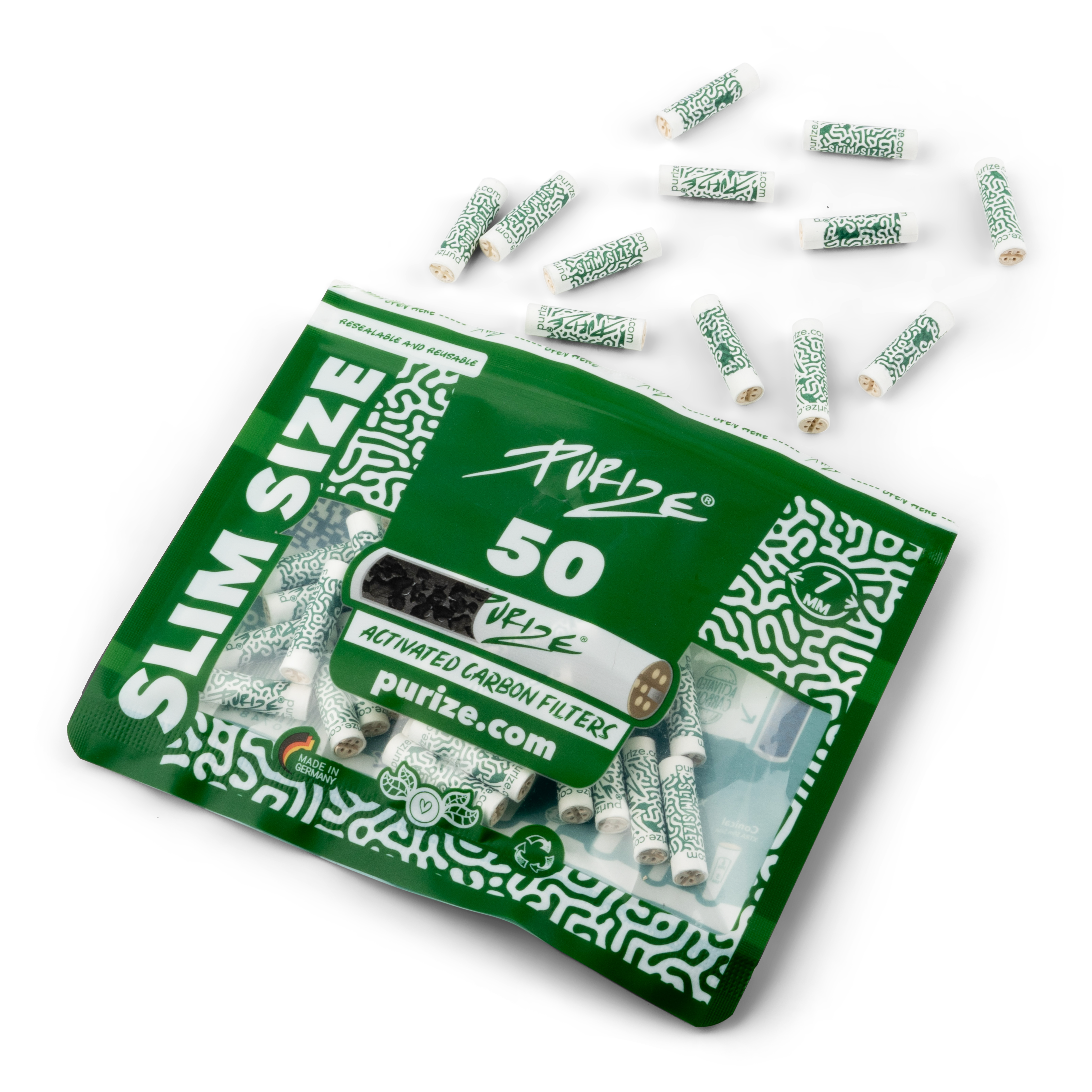PURIZE® Slim Size Aktivkohlefilter, ø 7mm, 50er Packung