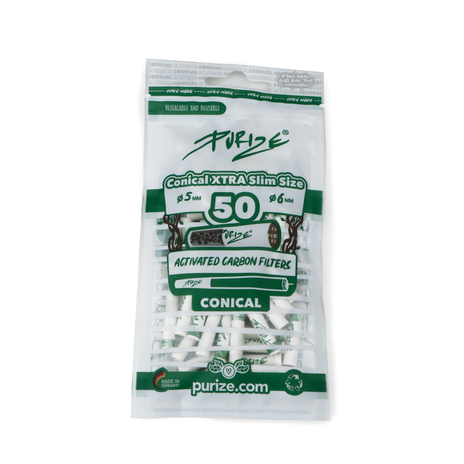 PURIZE® Conical XTRA Slim Size Aktivkohlefilter, weiß ø 5mm